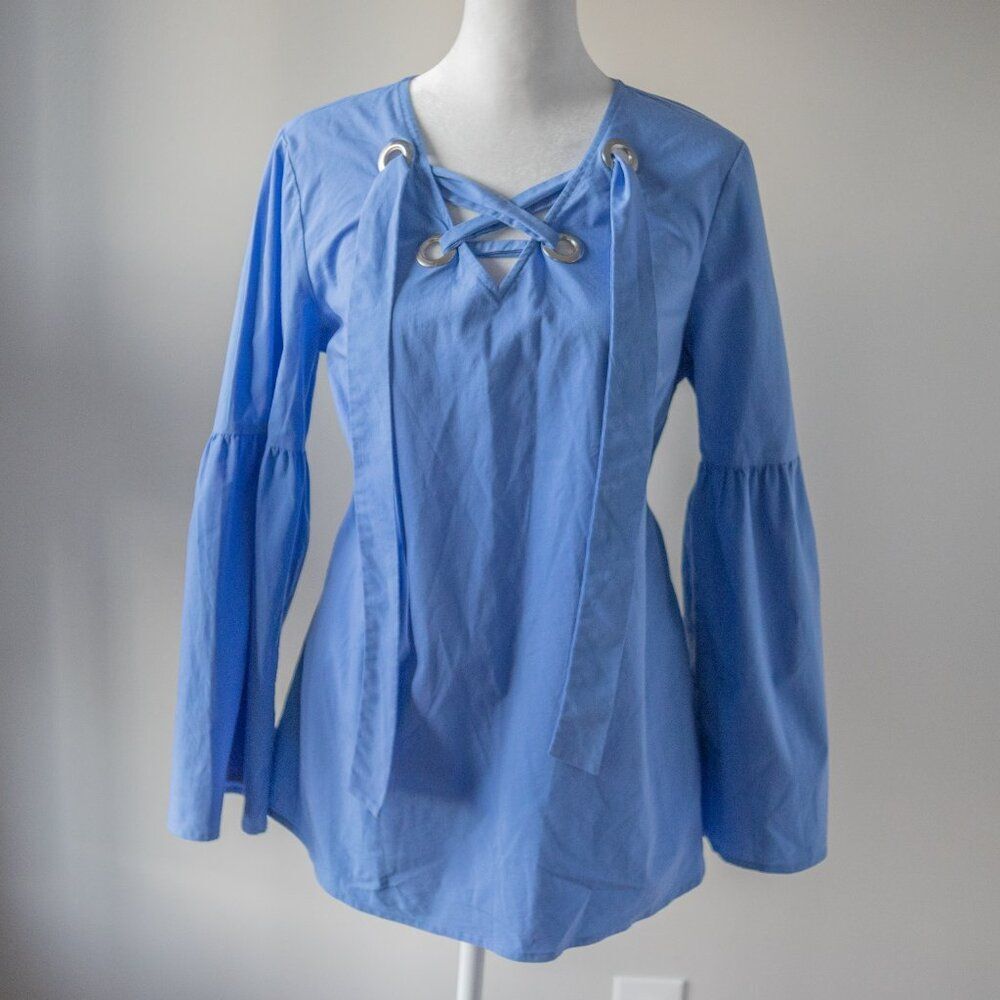 Michael Kors Lightweight Blue Flare Bell Sleeve Cotton Preppy Women's Shirt